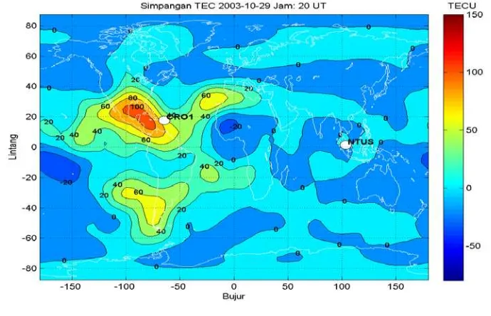 Gambar 2-1: Lokasi stasiun GPS yang digunakan adalah CRO1 (17,6°LU, 64.6°BB) mengalami badai ionosfer positif tanggal 29 Oktober 2003 pukul 20:00 UT  