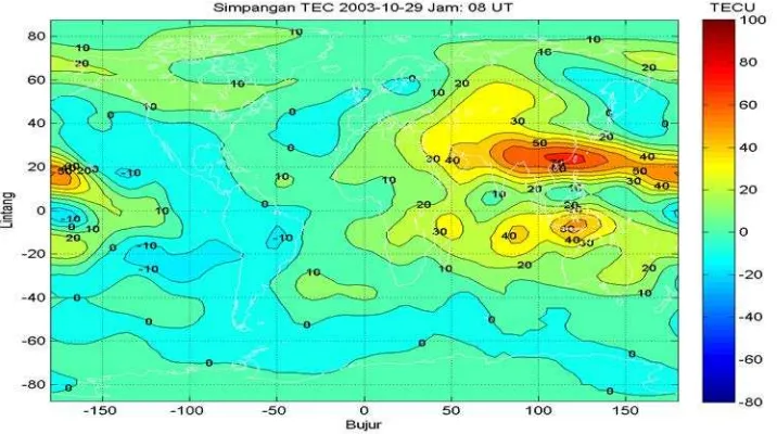Gambar 4-2: Badai ionosfer positif mulai terlihat nyata pada pukul 08:00 UT tanggal 29 Oktober 2003