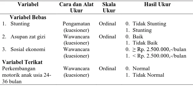 Tabel 3.1.  Variabel, Cara, Alat,  Skala dan Hasil Ukur  Variabel  Cara dan Alat 
