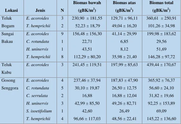 Tabel 2.11. Biomasa Rata - Rata Bagian Bawah, Bagian Atas dan Total (gBK/m 2 ) Lamun di Lokasi Stasiun Pengamatan Kotawaringin Barat.