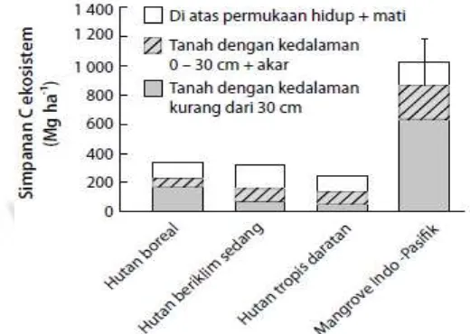 Gambar 6 . Histogram Perbandingan simpanan karbon (C) mangrove (rata-rata 95% selang kepercayaan) dengan nilai simpanan berbagai tipe hutan (Donato et al