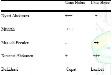 Tabel 2.3. Perbedaan ileus obstruktif usus halus dan usus besar (Sumber : Bickle dan Kelly, 2002)
