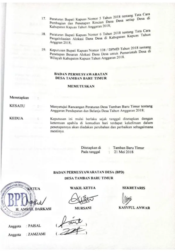 Gambar 4.4 Surat Keputusan BPD menyetujui Peraturan Desa  tentang APBDesa Tahun Anggaran 2018 