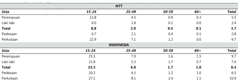 Tabel 2.2: Tingkat pengangguran berdasarkan kelompok usia, jenis kelamin dan pedesaan/perkotaan di  NTT dan Indonesia, 2008