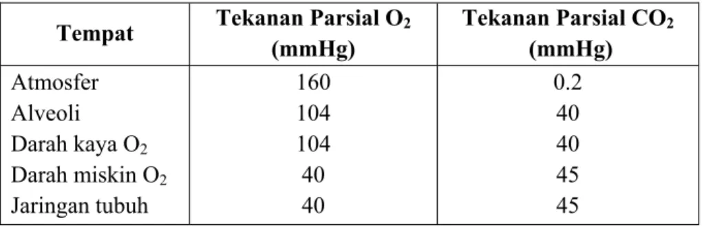 Tabel 3. Tekanan parsial oksigen dan karbondioksida  Tempat Tekanan Parsial O 2