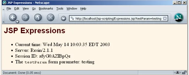 Figure 11–2Result of Expressions.jsp using Macromedia JRun and omitting the testParam request parameter.