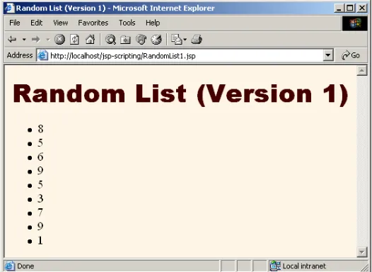 Figure 11–12 Result of RandomList1.jsp. Different values (and a different number of list items) are displayed whenever the page is reloaded