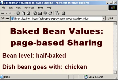 Figure 14–6Initial request to BakedBeanDisplay-page.jsp—BakedBean properties persist within the page.