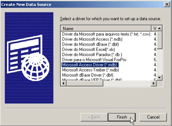 Figure 18–2Second window presented when you are creating a System DSN. Before continuing the configuration, choose the driver for the data source by clicking Finish