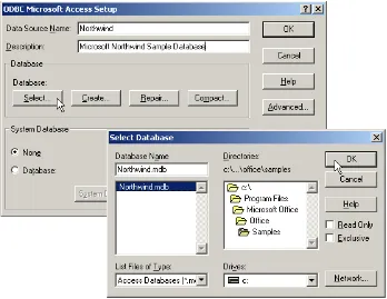 Figure 18–3Third window for setting up a System DSN to a Microsoft Access database. Specify the name of the data source (with an optional description) and then select the physical database file to bind to the source name