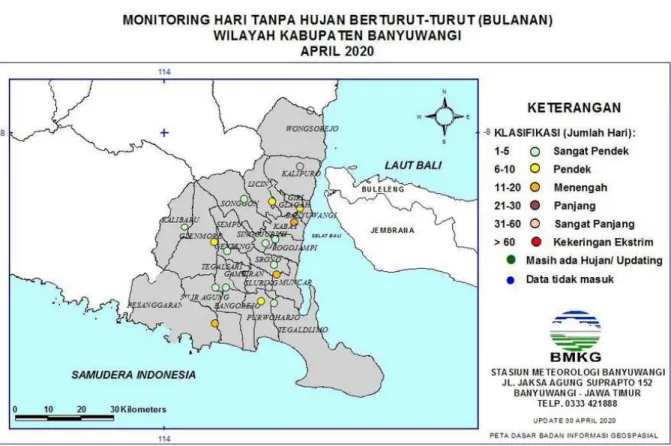 Gambar 14. Peta Monitoring Hari Tanpa Hujan berturut-turut April 2020 di Banyuwangi   (Sumber: BMKG Banyuwangi) 