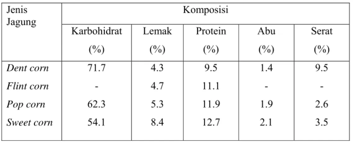 Tabel 1 Komposisi kimia  dari beberapa jenis jagung per 100 gr (% bk)  Komposisi Jenis  Jagung  Karbohidrat  (%)  Lemak (%)  Protein (%)  Abu (%)  Serat  (%)  Dent corn  Flint corn  Pop corn  Sweet corn  71.7 - 62.3  54.1  4.3 4.7 5.3 8.4  9.5  11.1 11.9 1