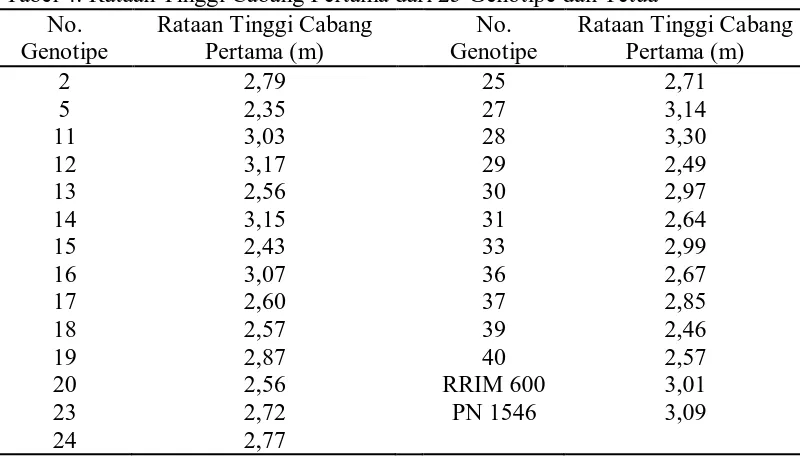 Tabel 4. Rataan Tinggi Cabang Pertama dari 25 Genotipe dan Tetua No. Rataan Tinggi Cabang No