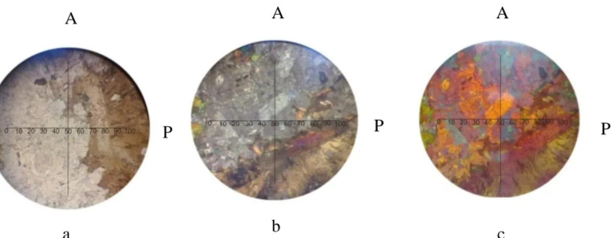 Gambar 3.2 kenampakan mineral Mikrokline  pada nikol sejajar (a), nikol silang  (b), dan TRO (c 