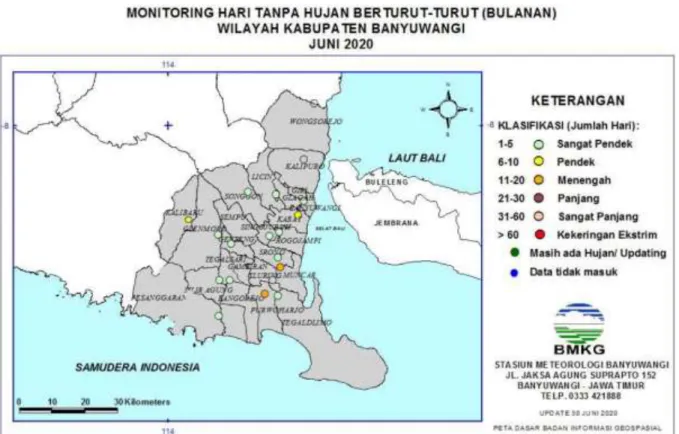 Gambar 14. Peta Monitoring Hari Tanpa Hujan berturut-turut Juni 2020 di Banyuwangi   (Sumber: BMKG Banyuwangi) 