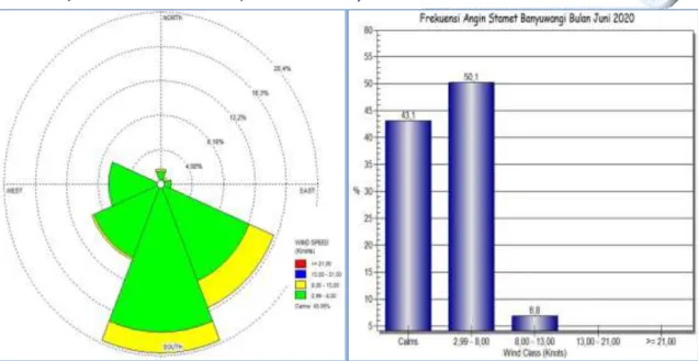 Gambar 10. Grafik parameter cuaca dan mawar angin di kota Banyuwangi hasil observasi Juni  2020 (Sumber: BMKG) 