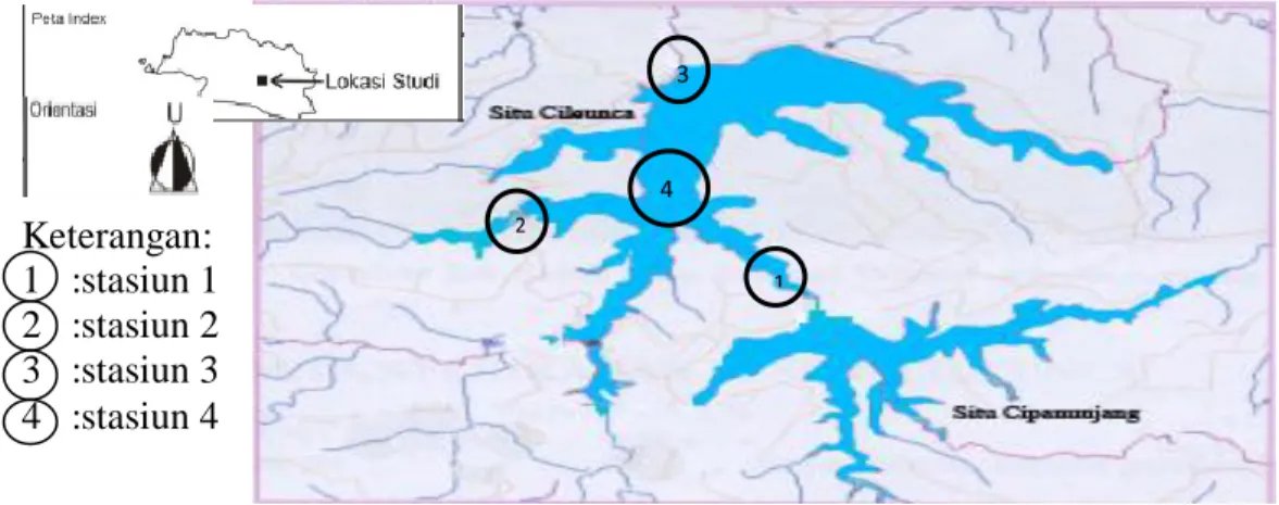 Gambar 5. Peta Situ Cileunca dan stasiun pengamatannya  Sumber: Peta Kecamatan Pangalengan dan Citra Wikimapia  5.4  Prosedur Penelitian 