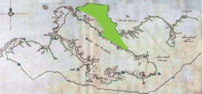 Foto no. 8. Wilayah Kesultanan Tambora (warna  hijau)memiliki akses ke Labuan Kenanga dan Teluk 