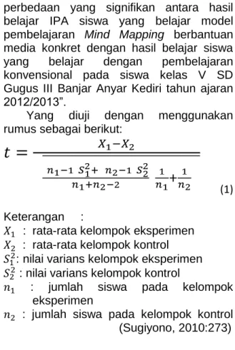 Tabel  1.  Tabel  nilai  statistik  post-test  IPA  SD  Negeri  5  Banjar  Anyar  (kelompok  eksperimen)  Kelompok Eksperimen  Rata-rata  1  71,37  Varians  S 1 2  146,18  Standar Deviasi  SD  12,09  Banyak Subjek  n 1  35  (1) 