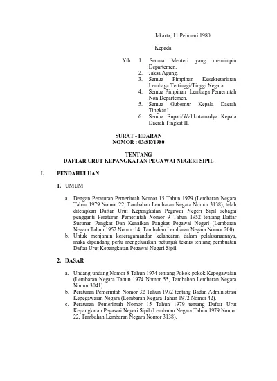 SURAT - EDARAN NOMOR : 03/SE/1980 TENTANG DAFTAR URUT KEPANGKATAN ...