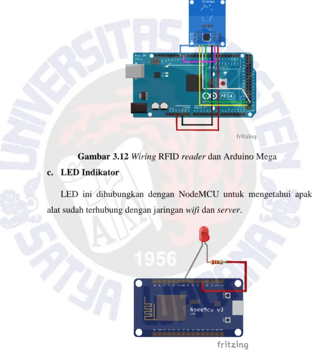 Gambar 3.12 Wiring RFID reader dan Arduino Mega   c.  LED Indikator 