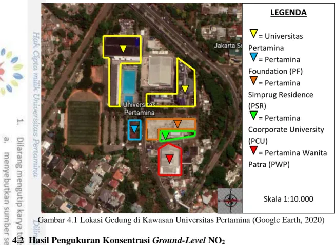 Gambar 4.1 Lokasi Gedung di Kawasan Universitas Pertamina (Google Earth, 2020)  4.2  Hasil Pengukuran Konsentrasi Ground-Level NO 2