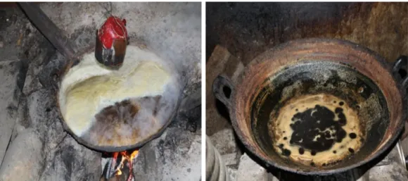 Gambar 6. Proses pemasakan air nira menjadi gula aren (a), Proses pendinginan air nira  yang telah menjadi gula aren (b) 
