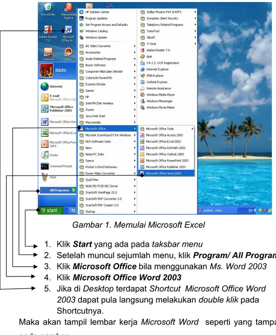 Gambar 1. Memulai Microsoft Excel  1. Klik Start yang ada pada taksbar menu 