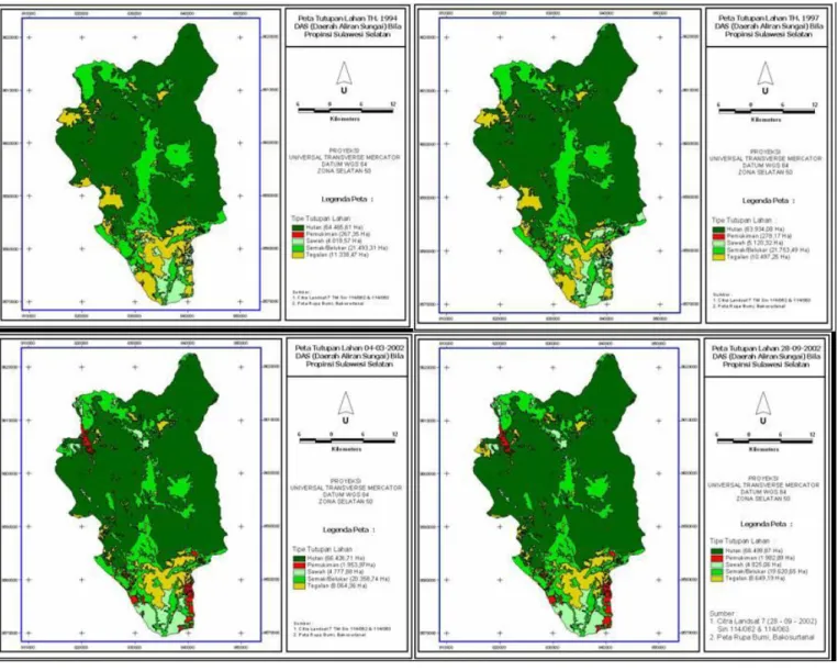 Gambar 6.  Peta perubahan penggunaan lahan tahun 1994, 1997, dan 2002  Figure 6.  The map of landuse change in 1994, 1997, and 2002 