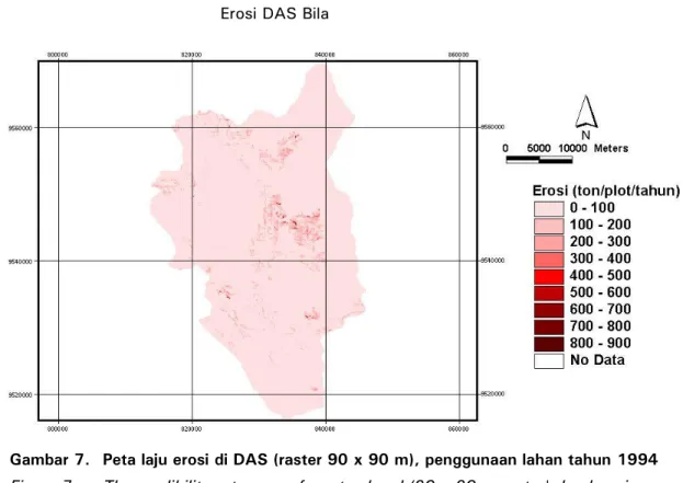 Gambar 7.  Peta laju erosi di DAS (raster 90 x 90 m), penggunaan lahan tahun 1994  Figure 7