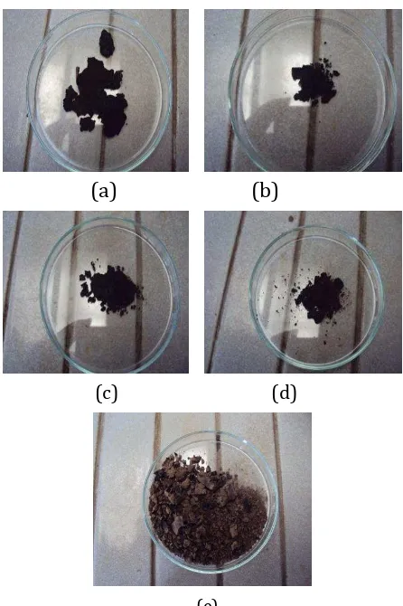 Figure 2  Yeast extract after dried with temperature 40°C (a), 50°C (b), 60°C (c), 70°C (d), and dried with freeze-dryer (e)  