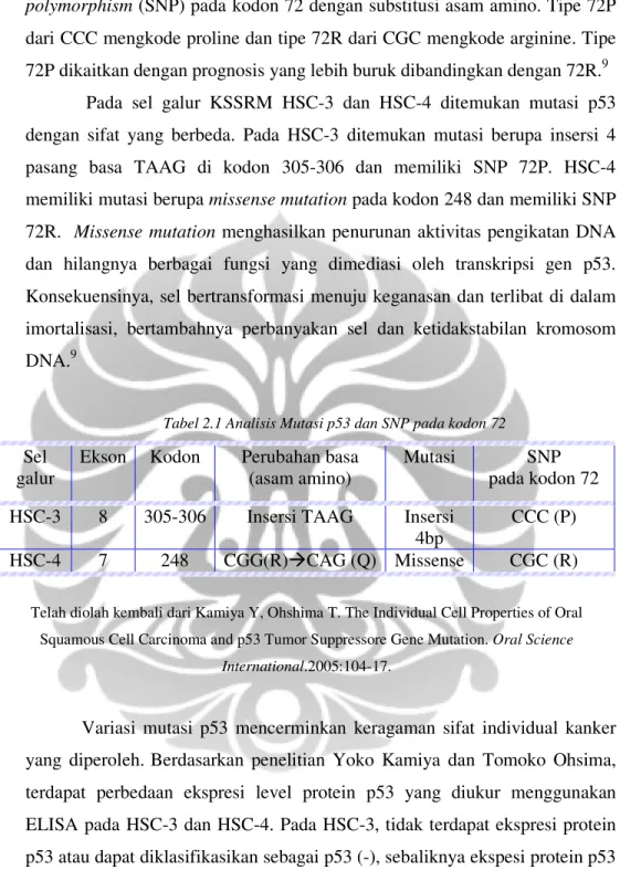 Tabel 2.1 Analisis Mutasi p53 dan SNP pada kodon 72 