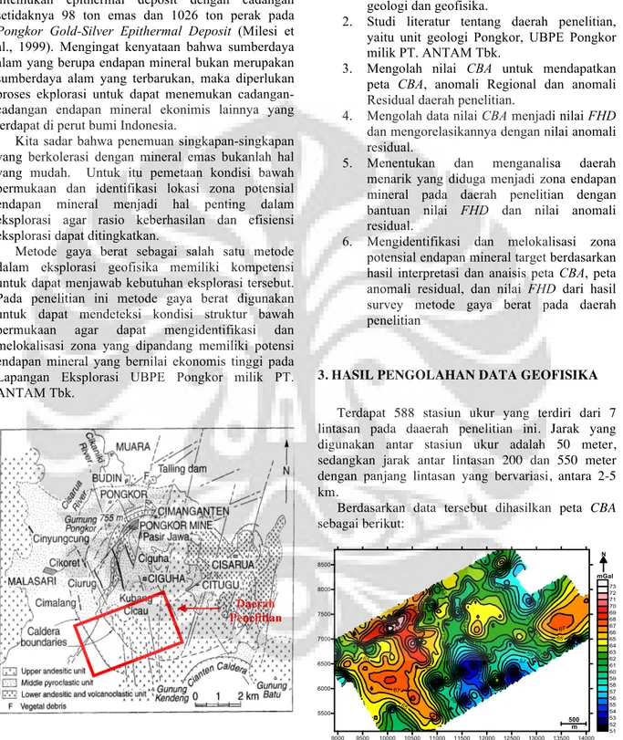 Gambar 1.1 Lokasi daerah penelitian, unit batuan, dan  struktur utama daerah Pongkor (Milesi et al., 1999)