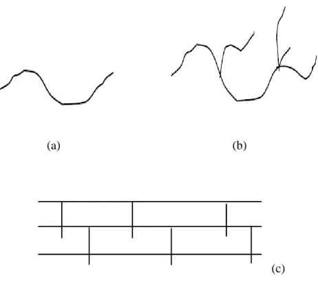 Gambar 1.  Struktur polimer (a) rantai lurus, (b) bercabang, (c) tiga dimensi                           