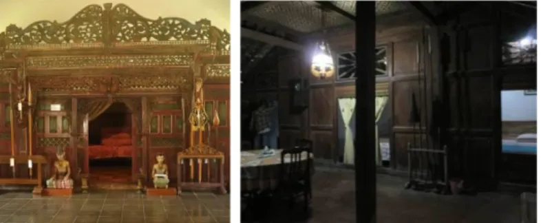 Gambar 2.  Contoh Senthong pada rumah tradisional Jawa di museum budaya Tembi yang masih  dilestarikan (a) dan senthong pada Joglo 1 Brayut yang dialihfungsikan menjadi kamar inap homestay di 