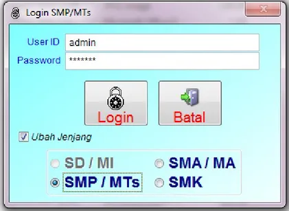 Gambar 2 : Jika yang dipilih Jenjang SMP/MTs  Setelah memasukkan User ID dan Password, klik Login