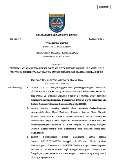 LEMBARAN DAERAH KOTA DEPOK NOMOR 4 TAHUN 2021 WALI KOTA DEPOK PROVINSI ...