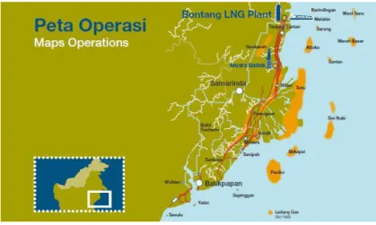 Gambar 2 memperlihatkan PT Badak NGL berlokasi di Pantai Timur  Kalimantan  yang  terletak  di  daerah  Bontang  Selatan  tepatnya  105  Km  di  sebelah utara kota Samarinda
