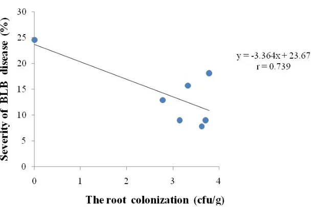 Figure 3. Correlation analysis between endophytic bacterial colonization and the severity of BLB disease of shallot