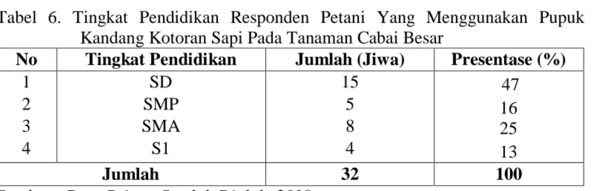 Tabel  6.  Tingkat  Pendidikan  Responden  Petani  Yang  Menggunakan  Pupuk  Kandang Kotoran Sapi Pada Tanaman Cabai Besar 