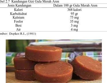 Tabel 2.7  Kandungan Gizi Gula Merah Aren Jenis Kandungan Dalam 100 gr Gula Merah Aren 