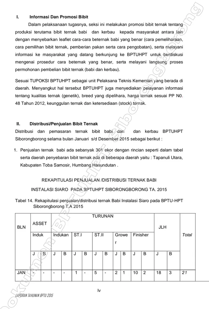 Tabel 14. Rekapitulasi penjualan/distribusi ternak Babi Instalasi Siaro pada BPTU-HPT Siborongborong T.A 2015