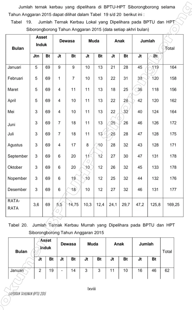 Tabel 19.      Jumlah  Ternak  Kerbau  Lokal  yang  Dipelihara  pada  BPTU  dan  HPT Siborongborong Tahun Anggaran 2015 (data setiap akhri bulan)