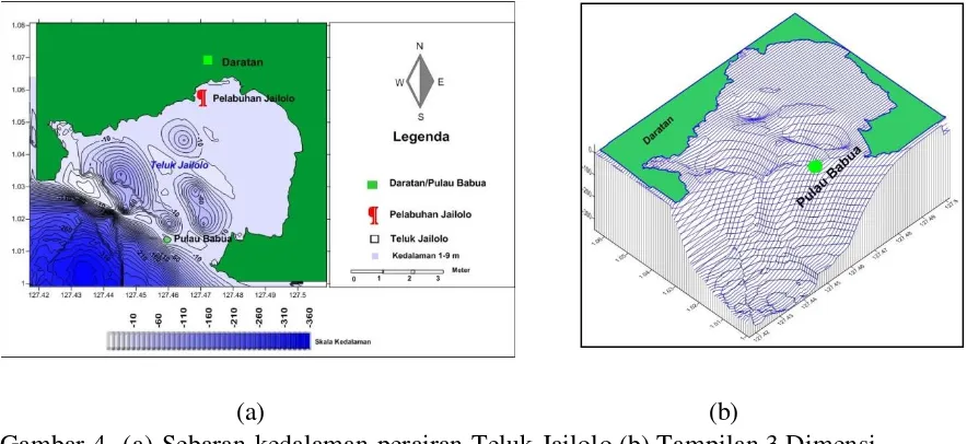Gambar 4. (a) Sebaran kedalaman perairan Teluk Jailolo (b) Tampilan 3 Dimensi 
