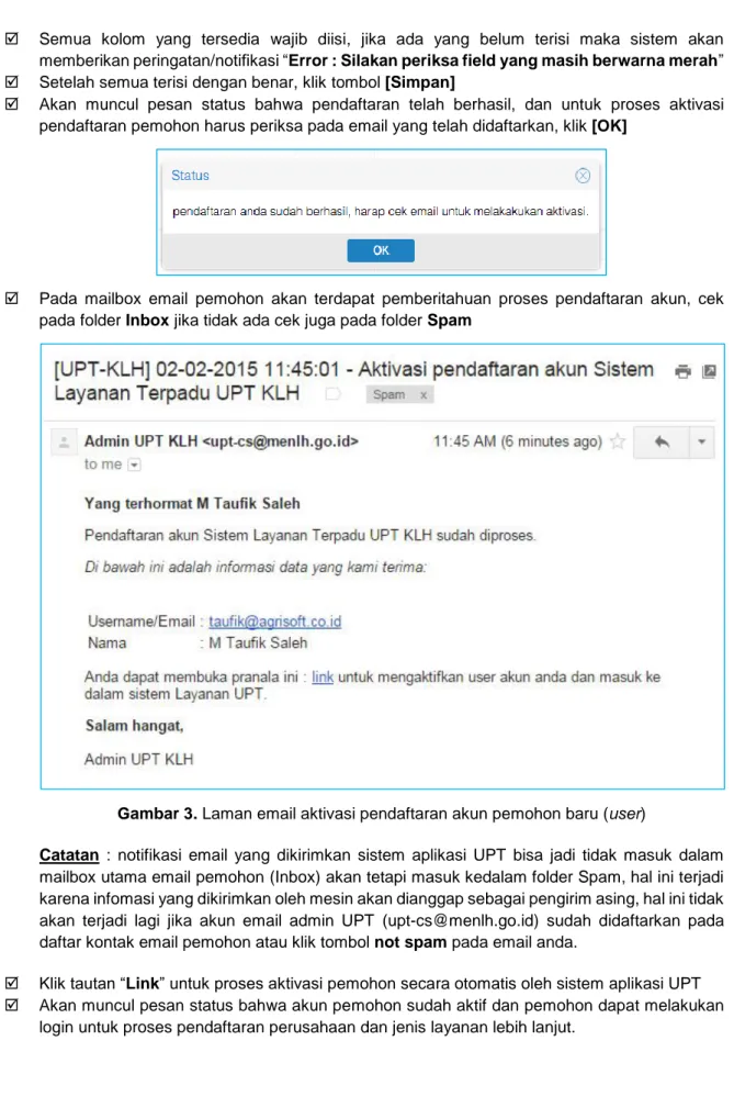Gambar 3. Laman email aktivasi pendaftaran akun pemohon baru (user) 