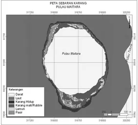 Gambar 7. Peta sebaran terumbu karang di perairan Pulau Maitara 