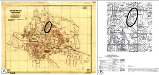 Figur 4. (A) Peta Bandung Town Plan; (B) Peta Kawasan Dago. Sumber: (A) Survey Directorate Head Quarters AFNEI  1945 7 ; (B) Army Map Service 1930 8