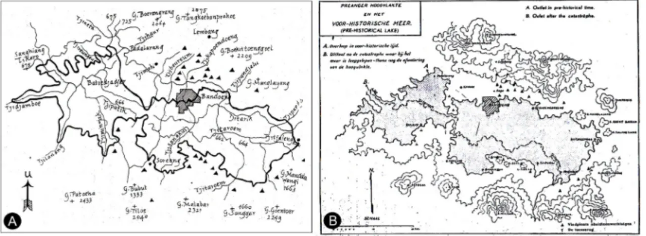 Figur 1. Peta Danau Purba Bandung. Sumber: (A) Museum Geologi (1981); (B) (Kunto, 1986) pp.23.