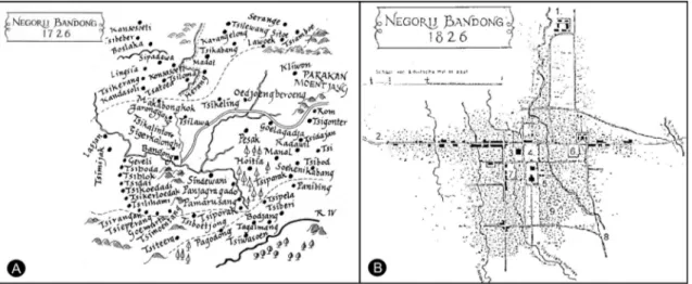 Figur 2. (A) Nagorij Bandoeng Tahun 1726, (B) Nagorij Bandoeng Tahun 1826. Sumber: (A) (Valentijn, 1858); (B)  (Kunto, 1984) pp.410.