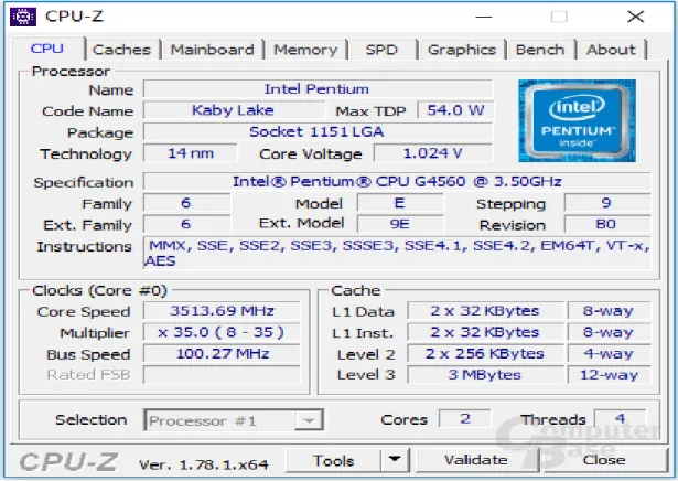 Gambar : 1.3 : Spesifikasi Intel Pentium G4560  Sumber : CPU-Z 